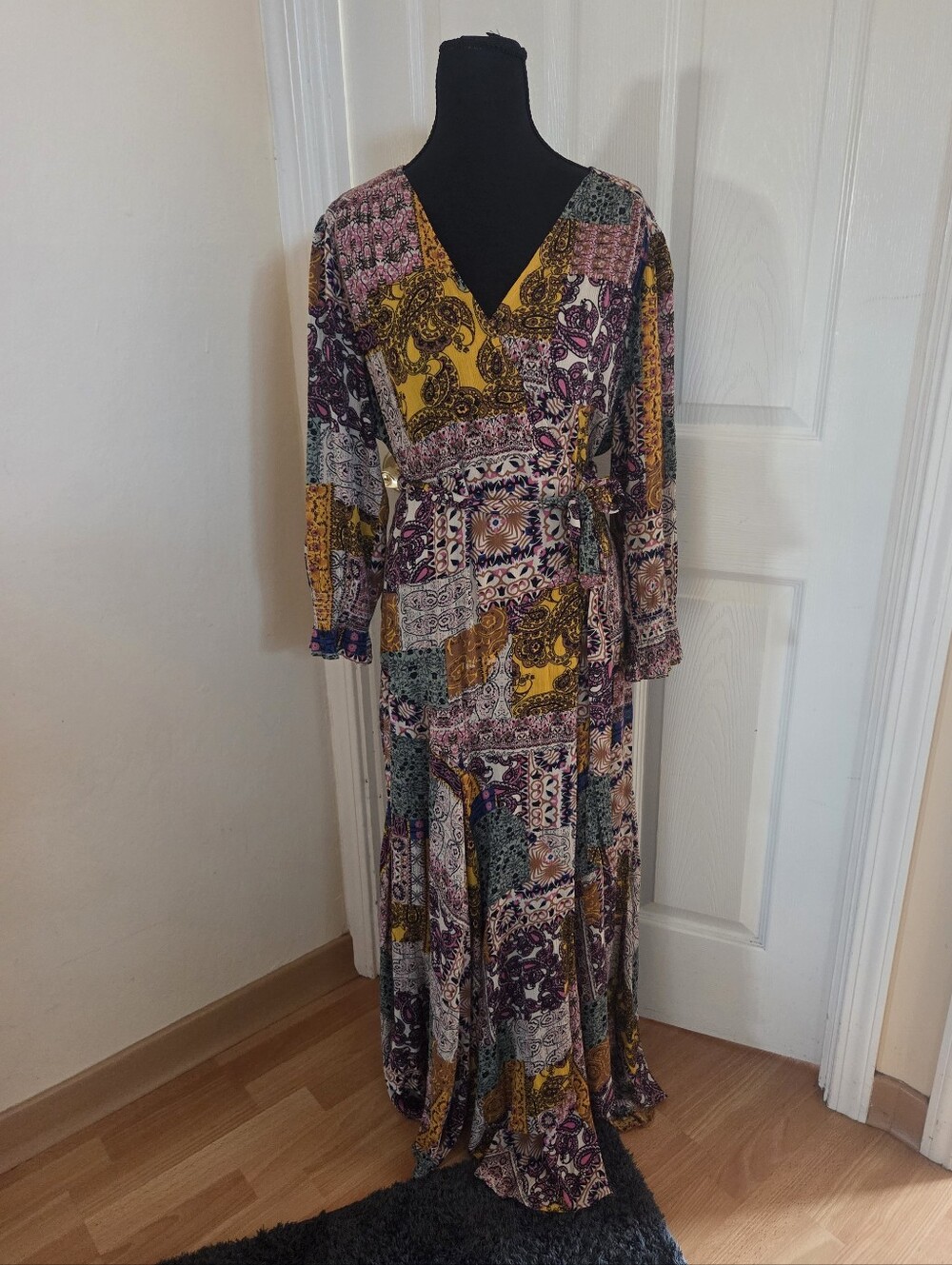 Skies Are Blue Patchwork Multicolor Maxi Wrap Dress Bohemian Western Hippie Med.